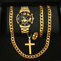 Men's 5pcs fashion set:Business casual quartz watch, with Stainless steel band, hip hop Cuban link Necklace, Bracelet, and ring