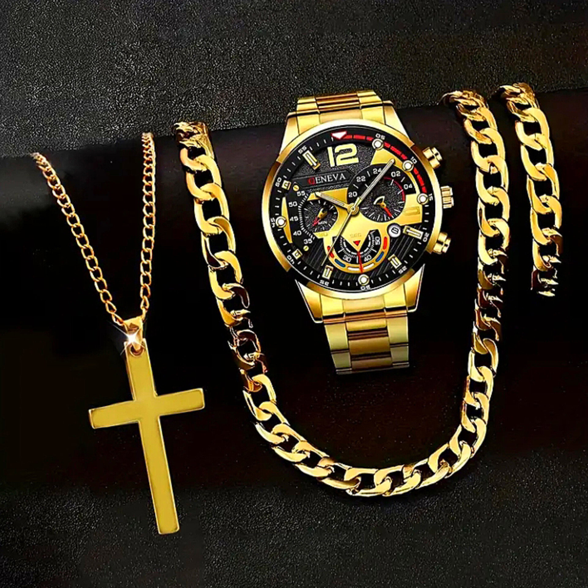 Men's 5pcs fashion set:Business casual quartz watch, with Stainless steel band, hip hop Cuban link Necklace, Bracelet, and ring_2