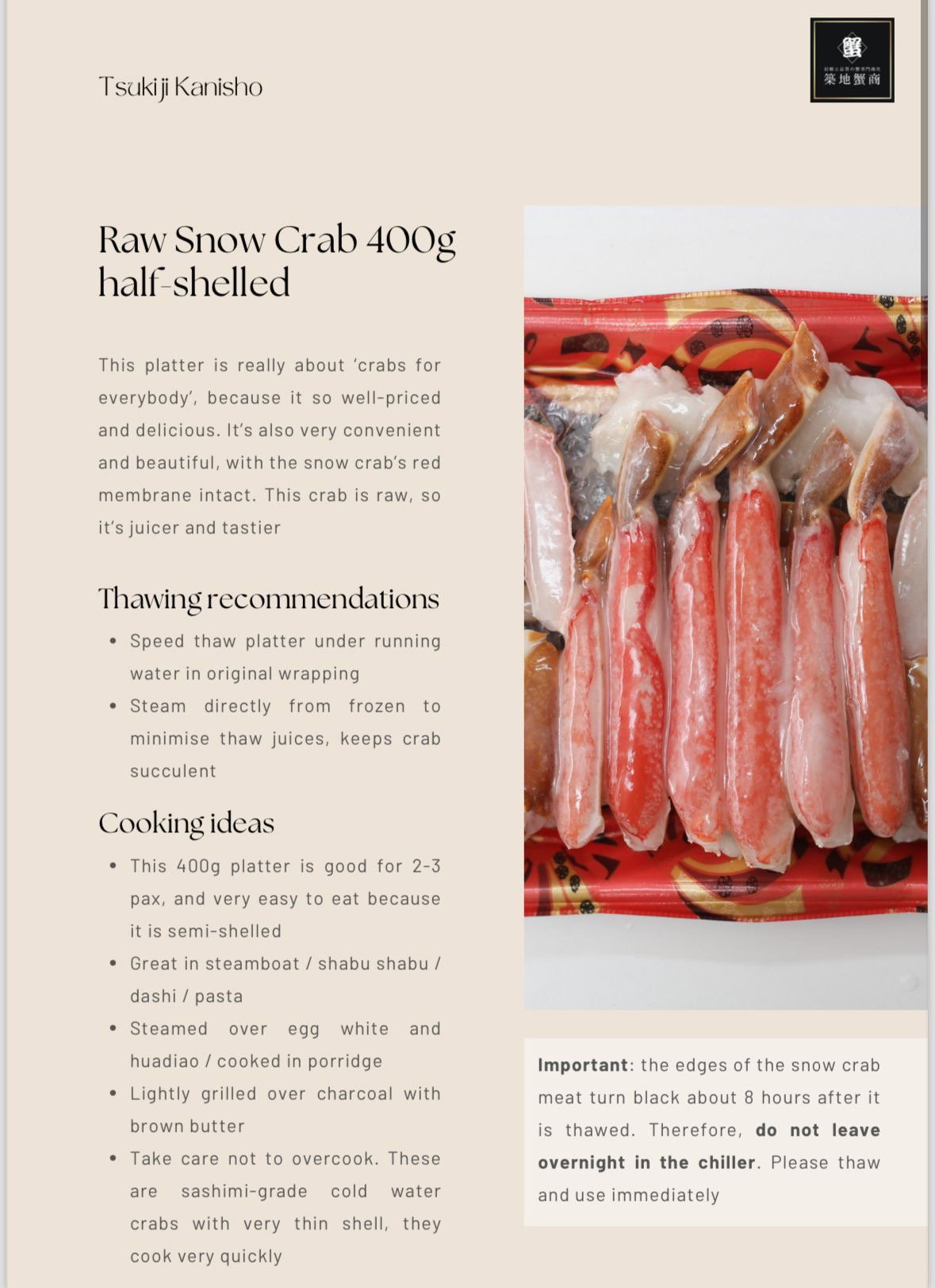 Raw Snow Crab 400 grams Half Shelled_1