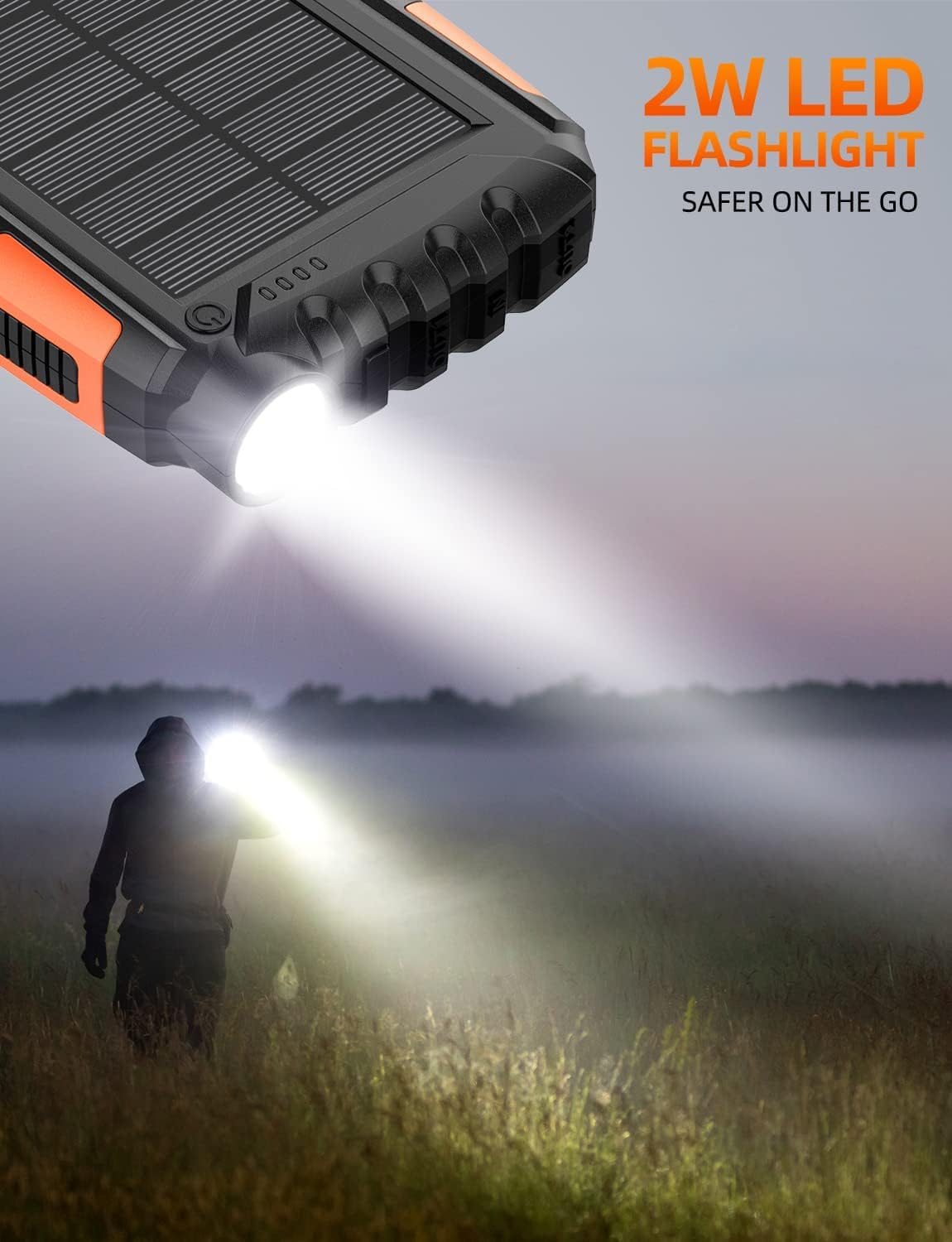Power-Bank-Solar-Charger - 42800mAh Power Bank,Portable Charger,External Battery Pack 5V3.1A Qc 3.0 Fast Charging Built-in Super Bright Flashlight (Orange)_3