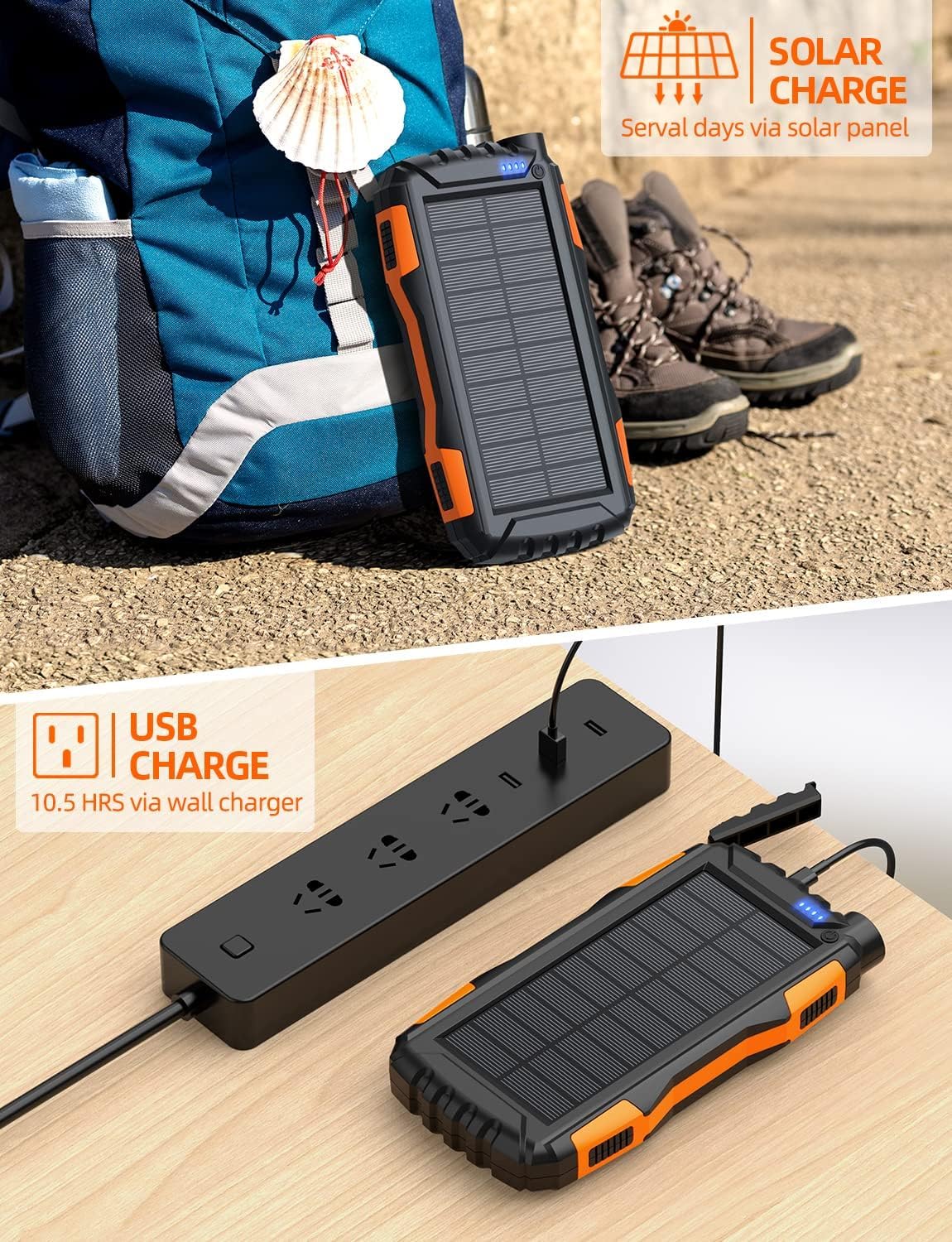 Power-Bank-Solar-Charger - 42800mAh Power Bank,Portable Charger,External Battery Pack 5V3.1A Qc 3.0 Fast Charging Built-in Super Bright Flashlight (Orange)_5
