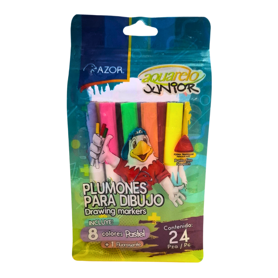 Plumones Azor 24pza. incluye 8 colores pastel + 1 fluorescente