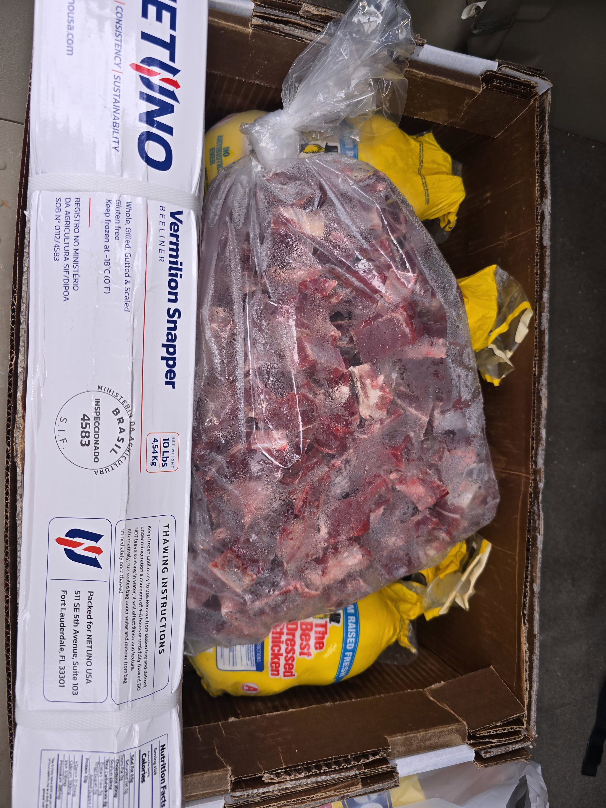 5 lbs oxtail 5 lbs goat 4 Chicken and 1 box of fish _0