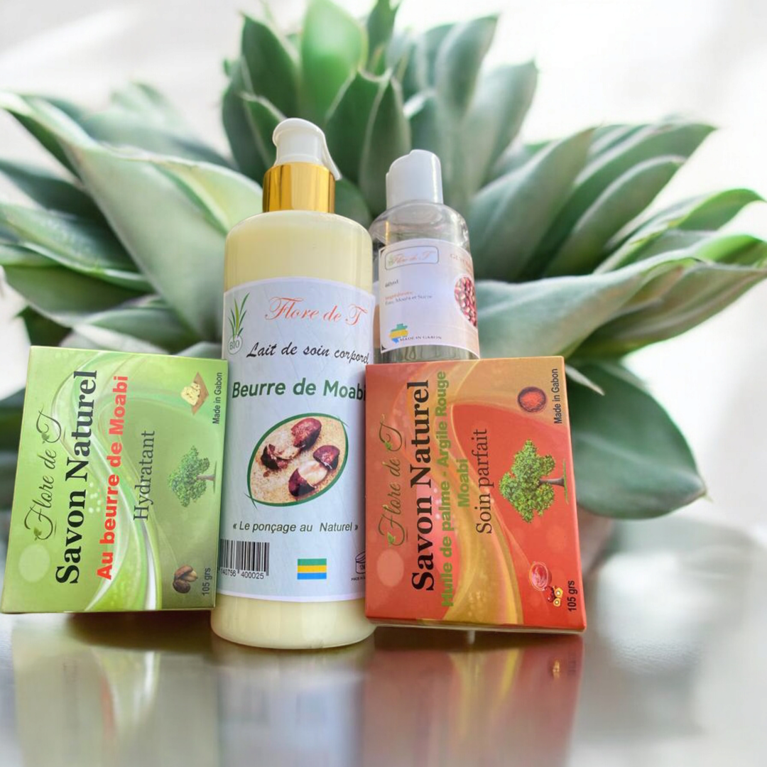 Gamme de lait de corps + savon naturel au beurre de moabi + savon naturel huile de palm et argile rouge + Glycérine (moabi)