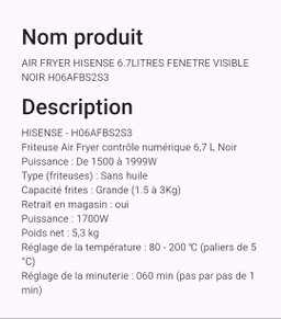Air fryer Hisense 6.7L