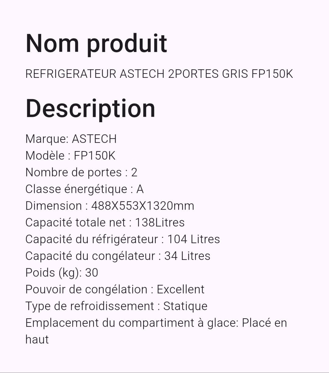 Réfrigérateur Astech 2portes 150L A++_2
