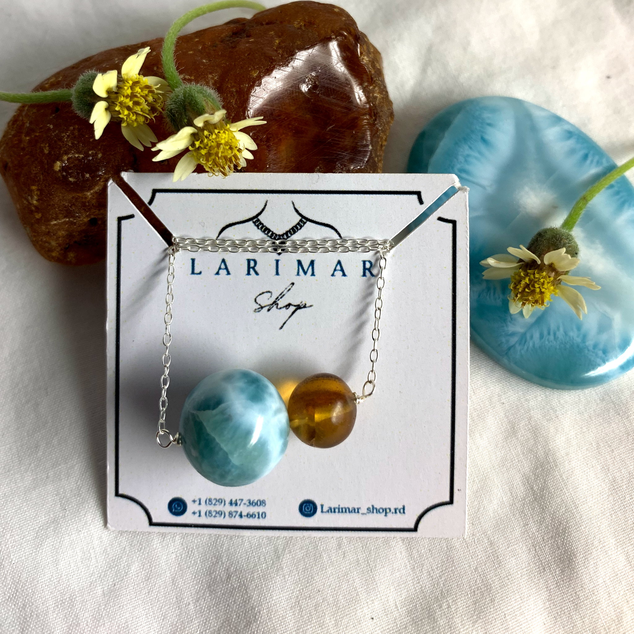 Cadenas con bola de larimar y ámbar _0