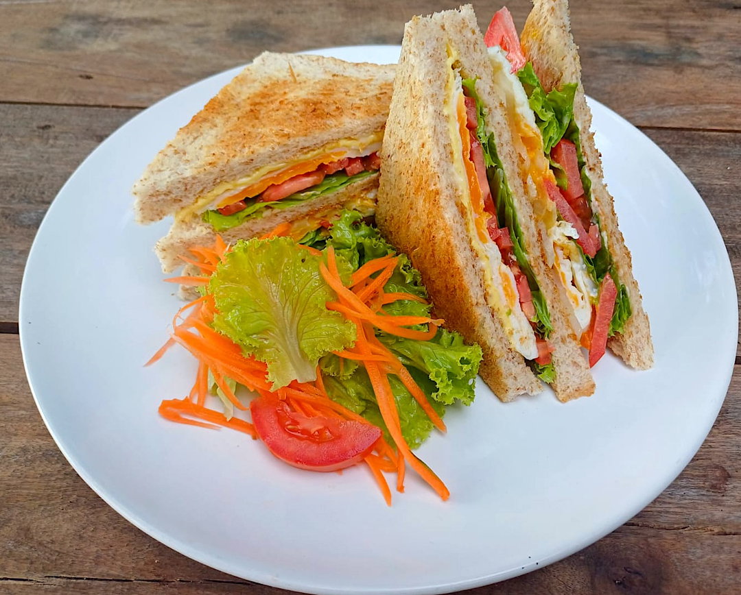 Sandwich with lettuce, tomato, cucumber, onion