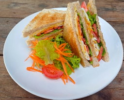 Sandwich with lettuce, tomato, cucumber, onion