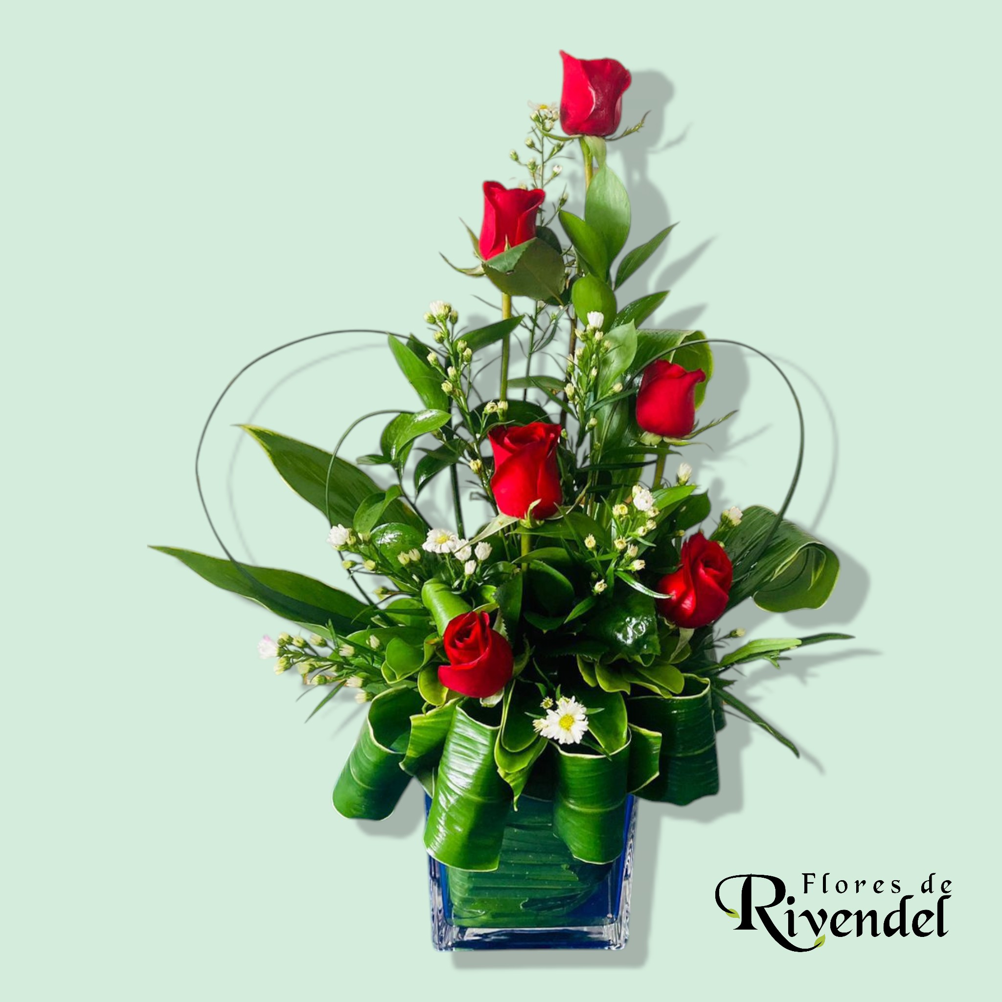 arreglo en base de vidrio con 6 rosas rojas_0