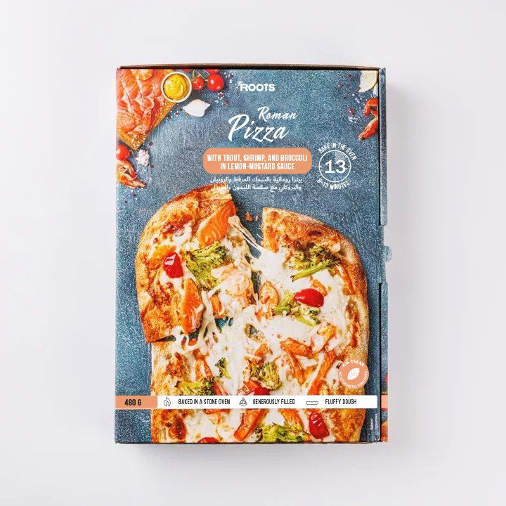 Roots Roman Pizza with Trout Shrimp & Broccoli In Lemon-Mustard Sauce Frozen 480g