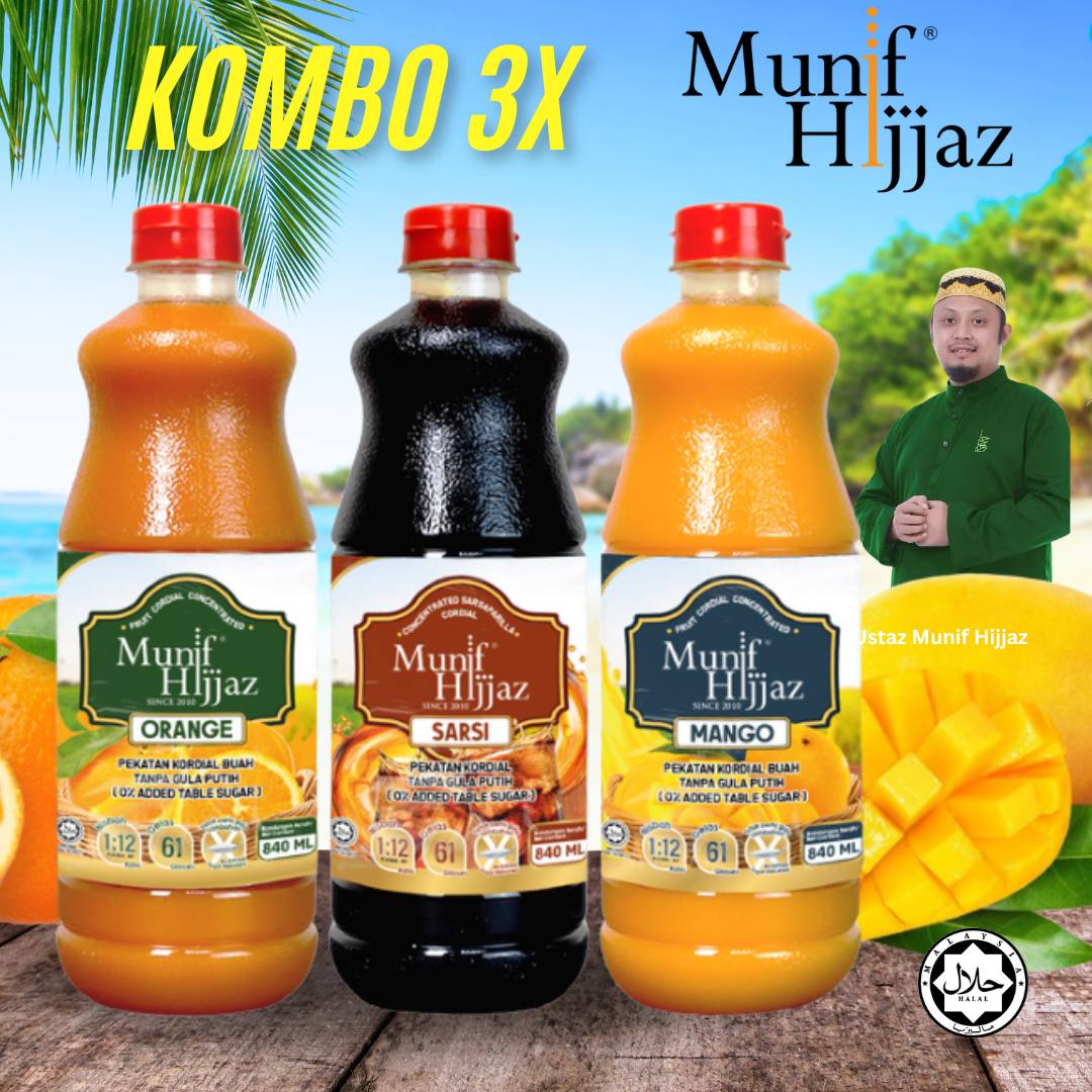 كوردايل منيف حجاز  MUNIF HIJJAZ- KORDIAL TANPA GULA PUTIH KOMBO 840ML X3_1