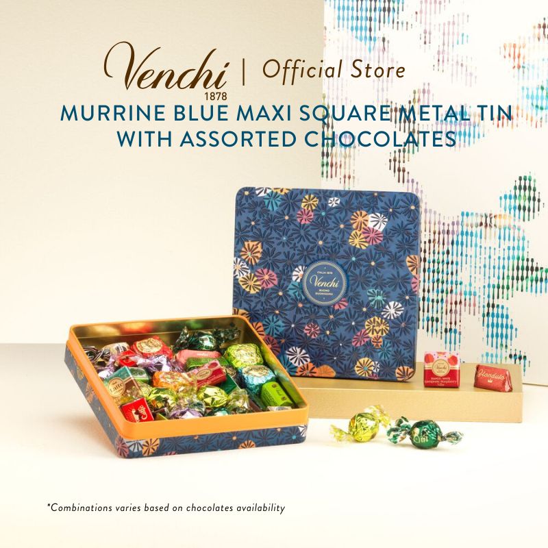  Murrine Blue Maxi Square Metal Tin with Assorted Chocolates
