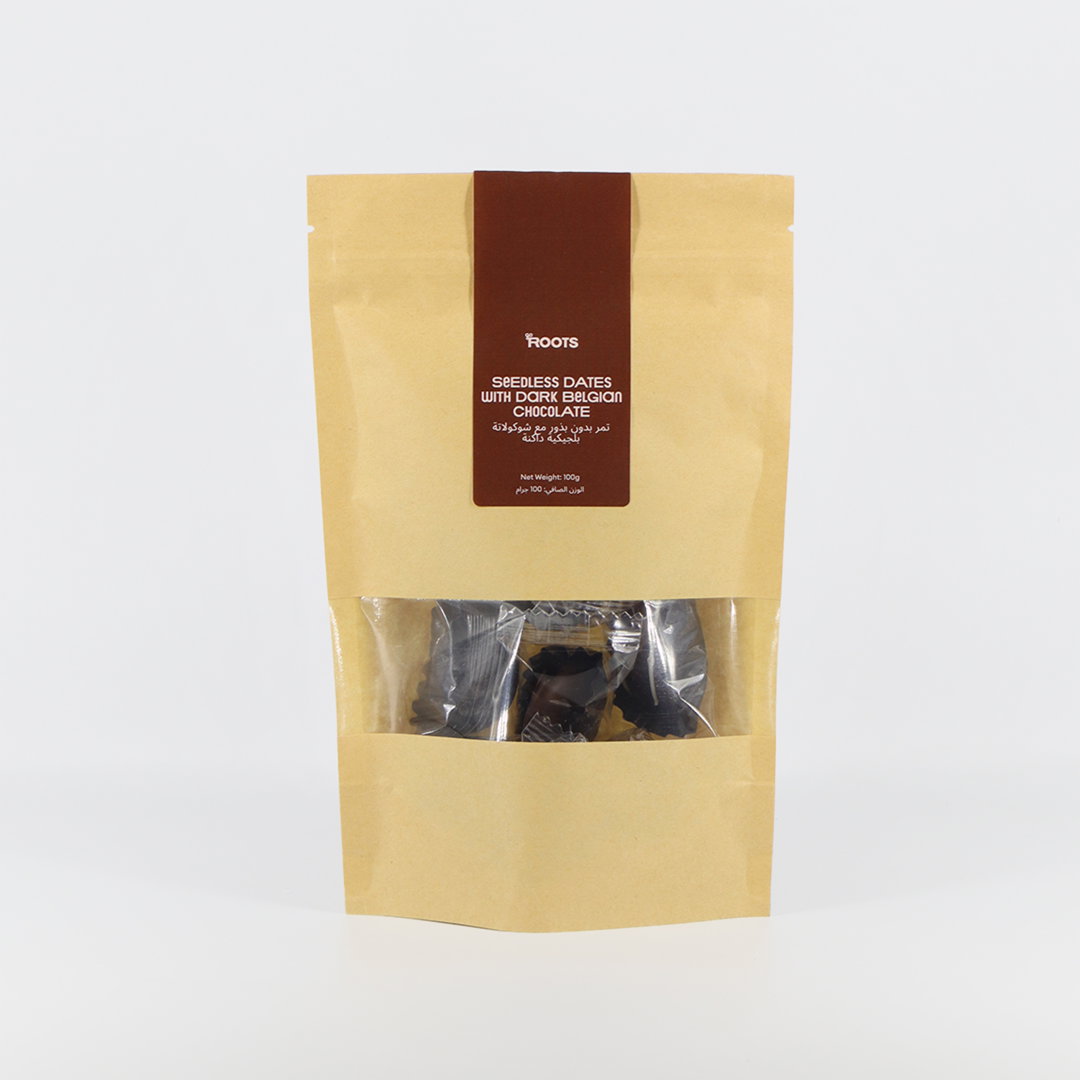 Roots Seedless Dates with Dark Belgian Chocolate 100g