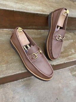 Men’s Casual Horse-bit Loafers- Brown Pimples Leather