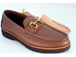 Men’s Casual Horse-bit Loafers- Brown Pimples Leather