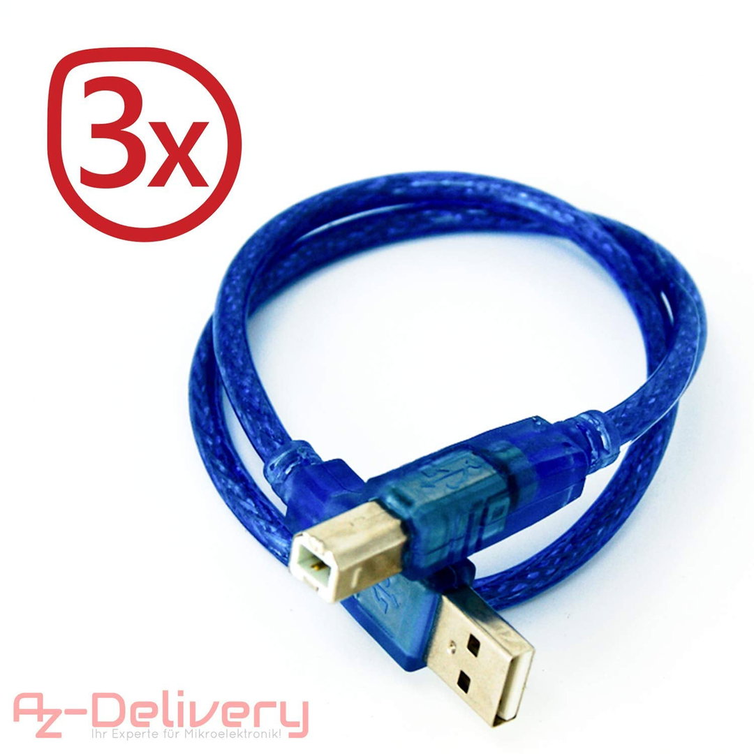 Blue USB-B to USB-A cable compatible with UNO R3 and Mega 2560 and any Arduino development boards and microcontrollers