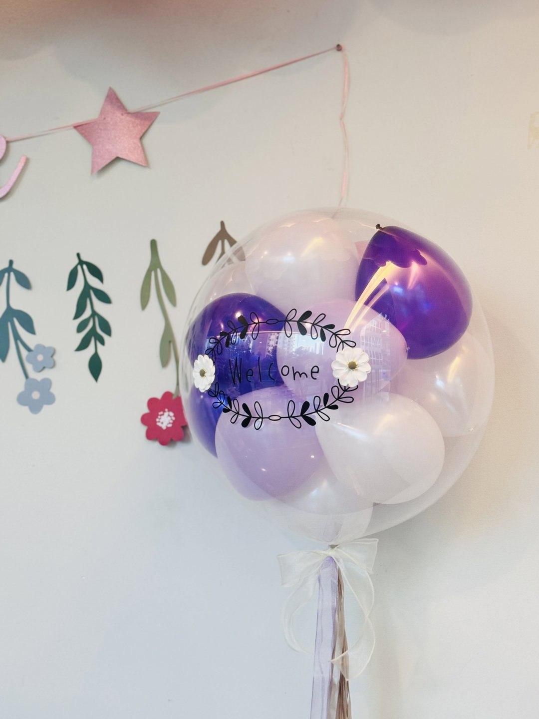 24" Mini bubble balloon with Clay flower_violet&white