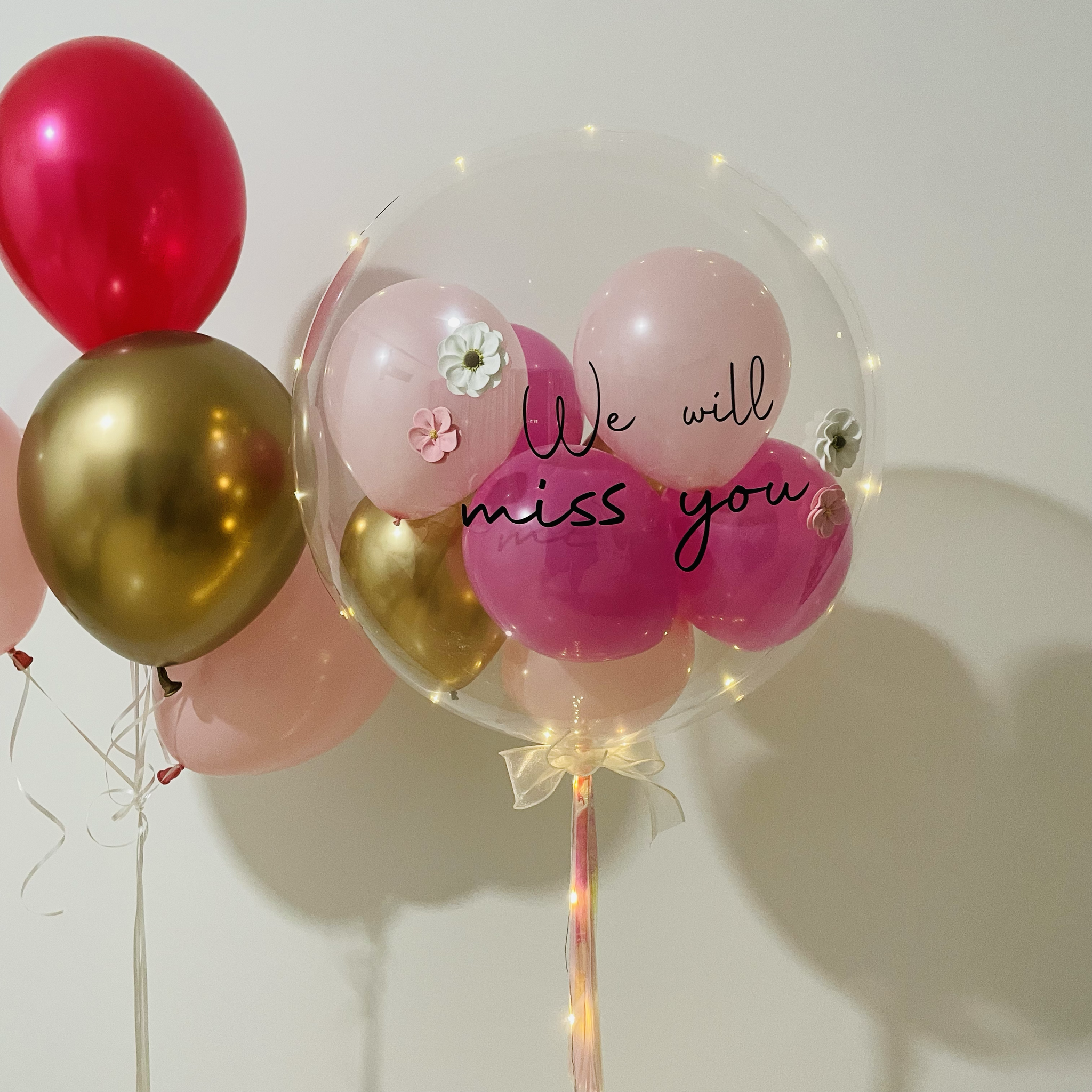 24" Mini bubble balloon with Clay flower_half fill_pink&gold_0