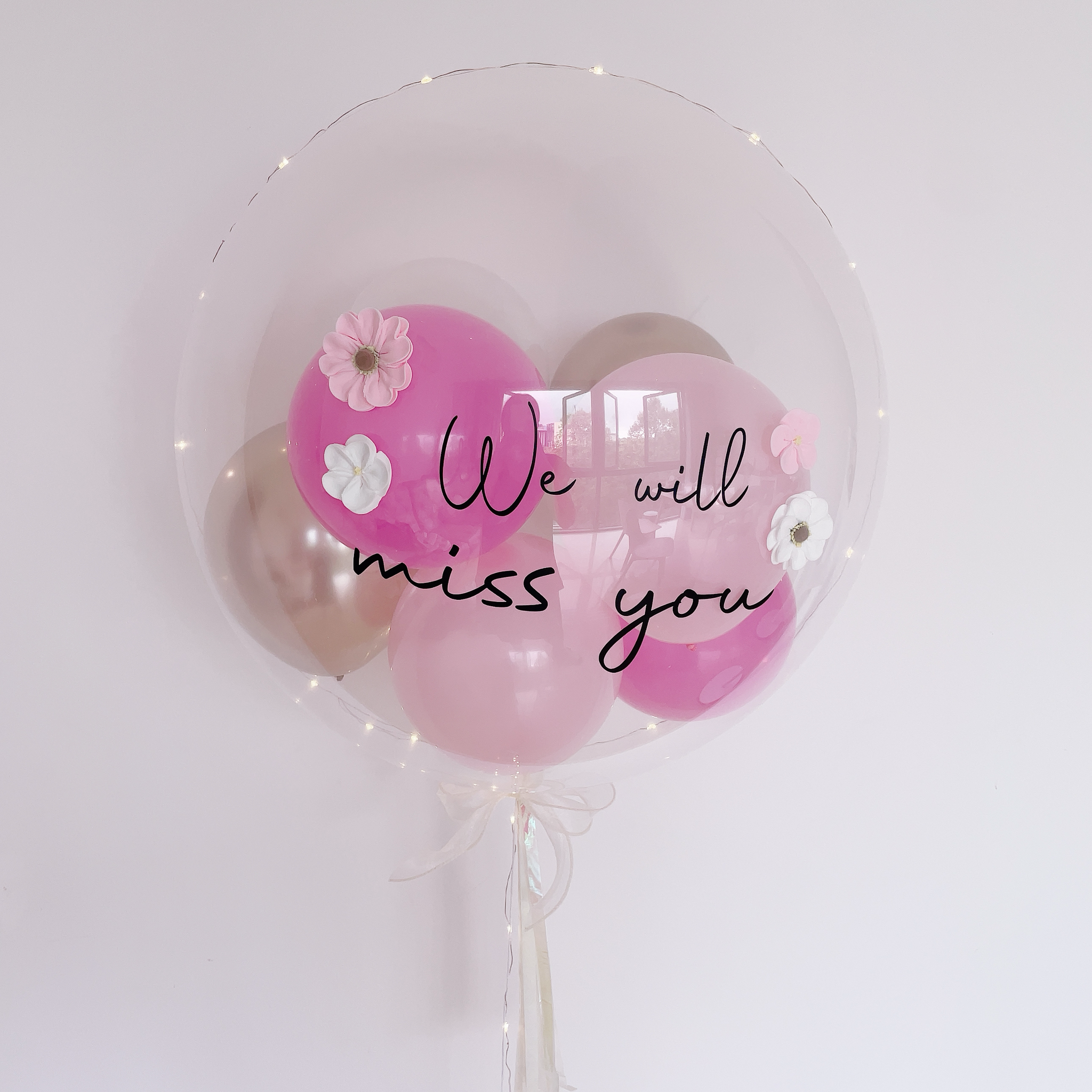 24" Mini bubble balloon with Clay flower_half fill_pink&gold_2