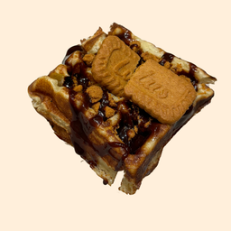 Mochi waffle with biscoff crumble & chocolate sauce 