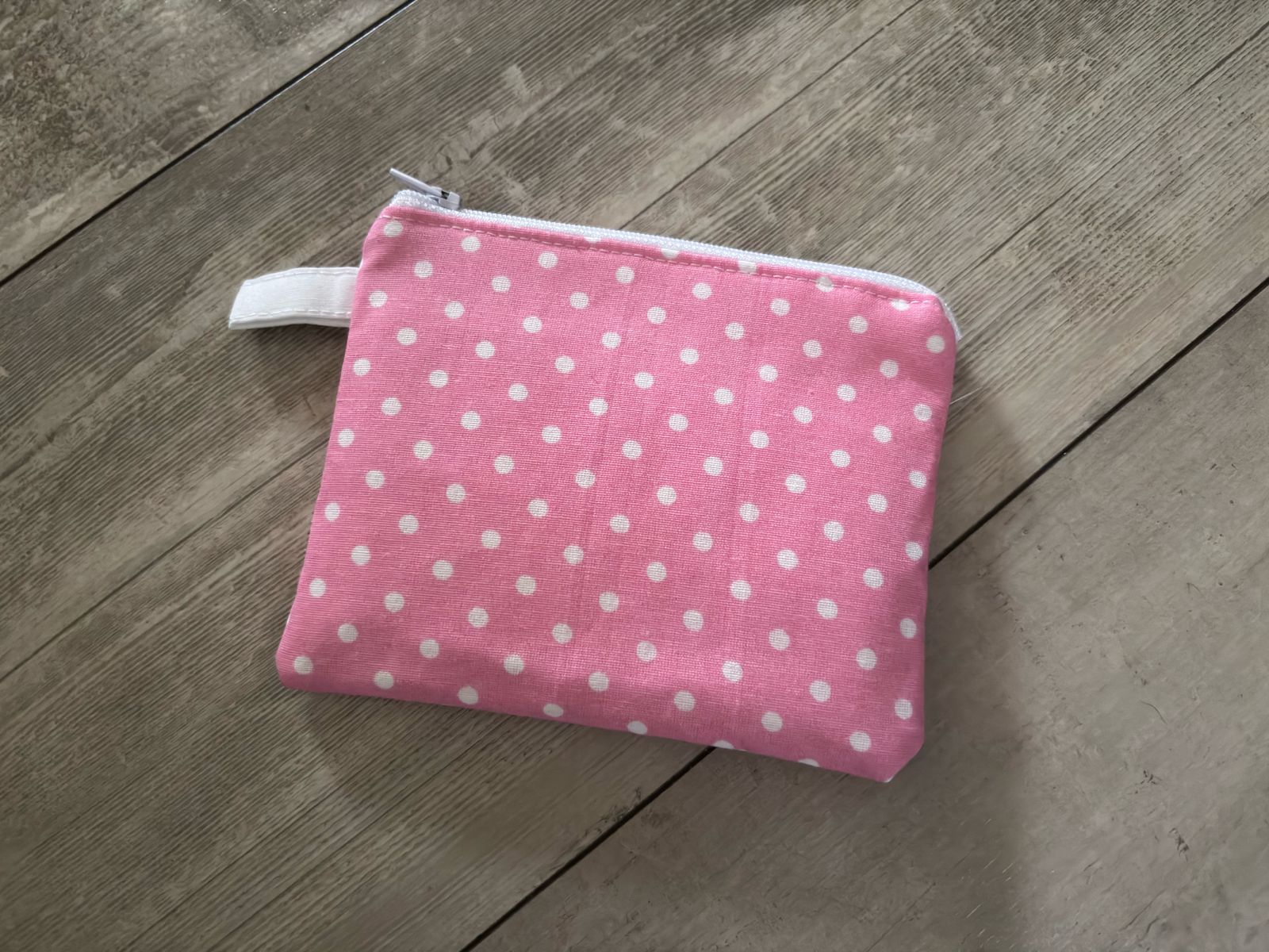 Keyring Wallet / Coin Purse 14cm x 11cm - Pastel Pink with white Polka dots_0