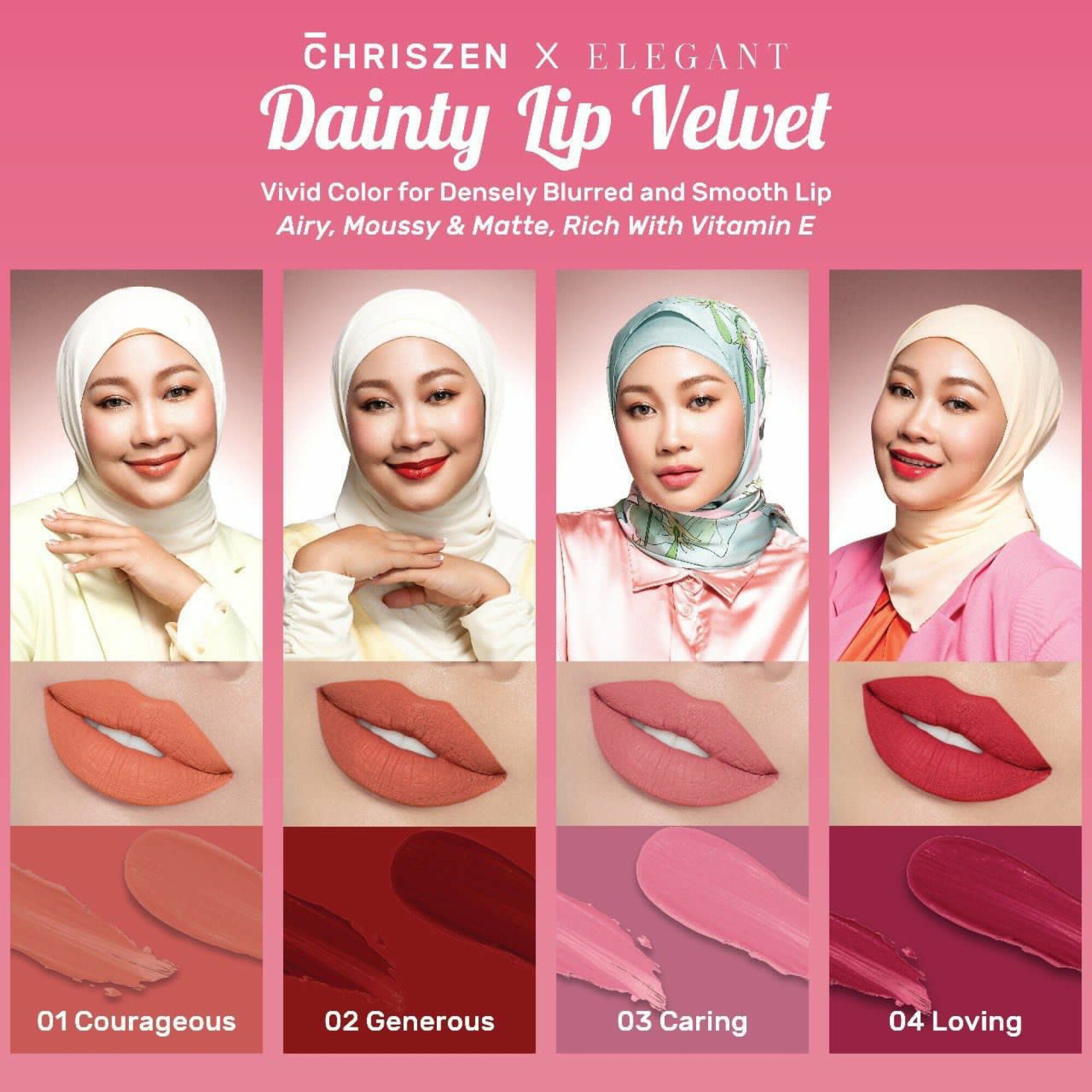 [ELEGANT] Dainty Lip Velvet 4 in 1 Courageous X1 Generous X1 Caring X1 Loving X1 All 4 Variant rm119.60_5