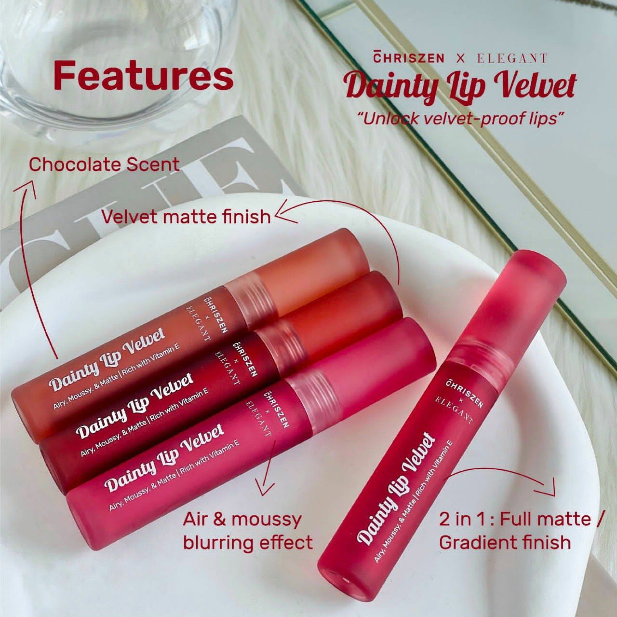 [ELEGANT] Dainty Lip Velvet 4 in 1 Courageous X1 Generous X1 Caring X1 Loving X1 All 4 Variant rm119.60_4
