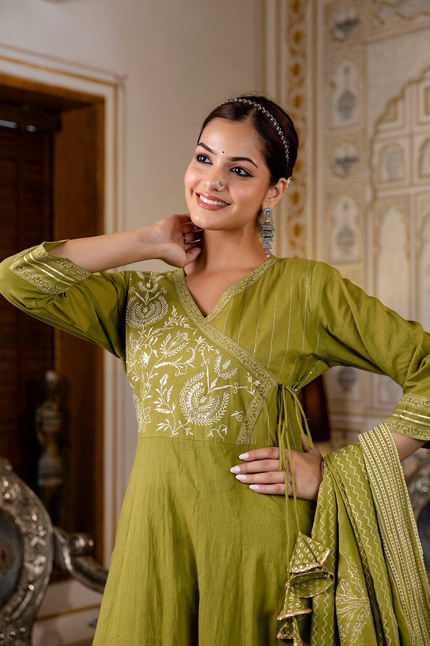 D.No. 549 Mehndi Green Angrakha Anarkali Set (1550)