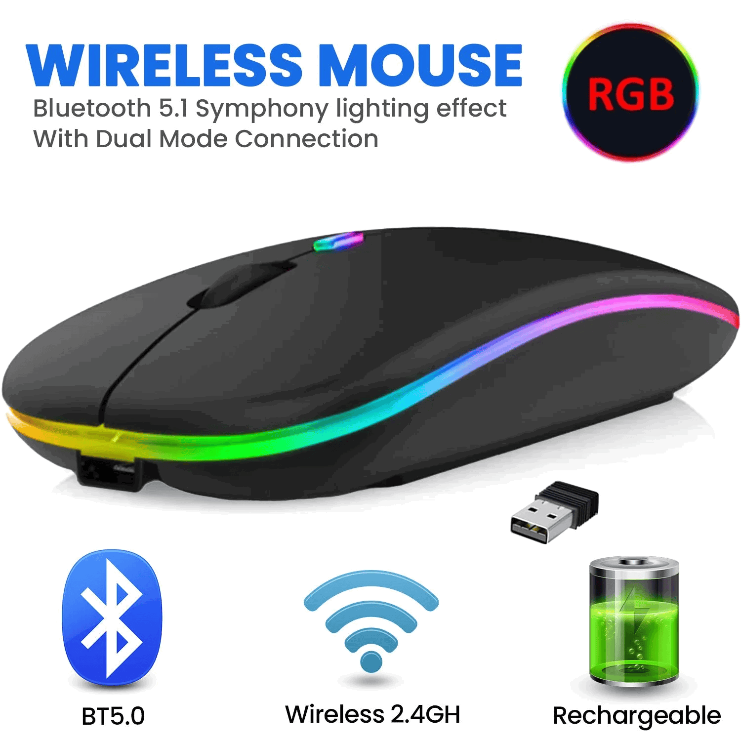HP W10 Wireless RGB Bluetooth, sem fio, mouse fino recarregável_2