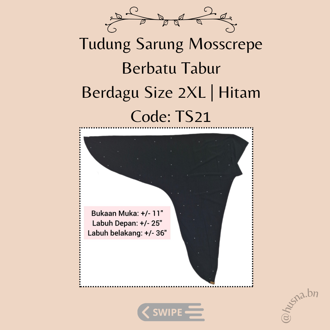 TUDUNG SARUNG MOSSCREPE BERBATU TABUR BERDAGU SIZE 2XL  Hitam | code: TS21_0