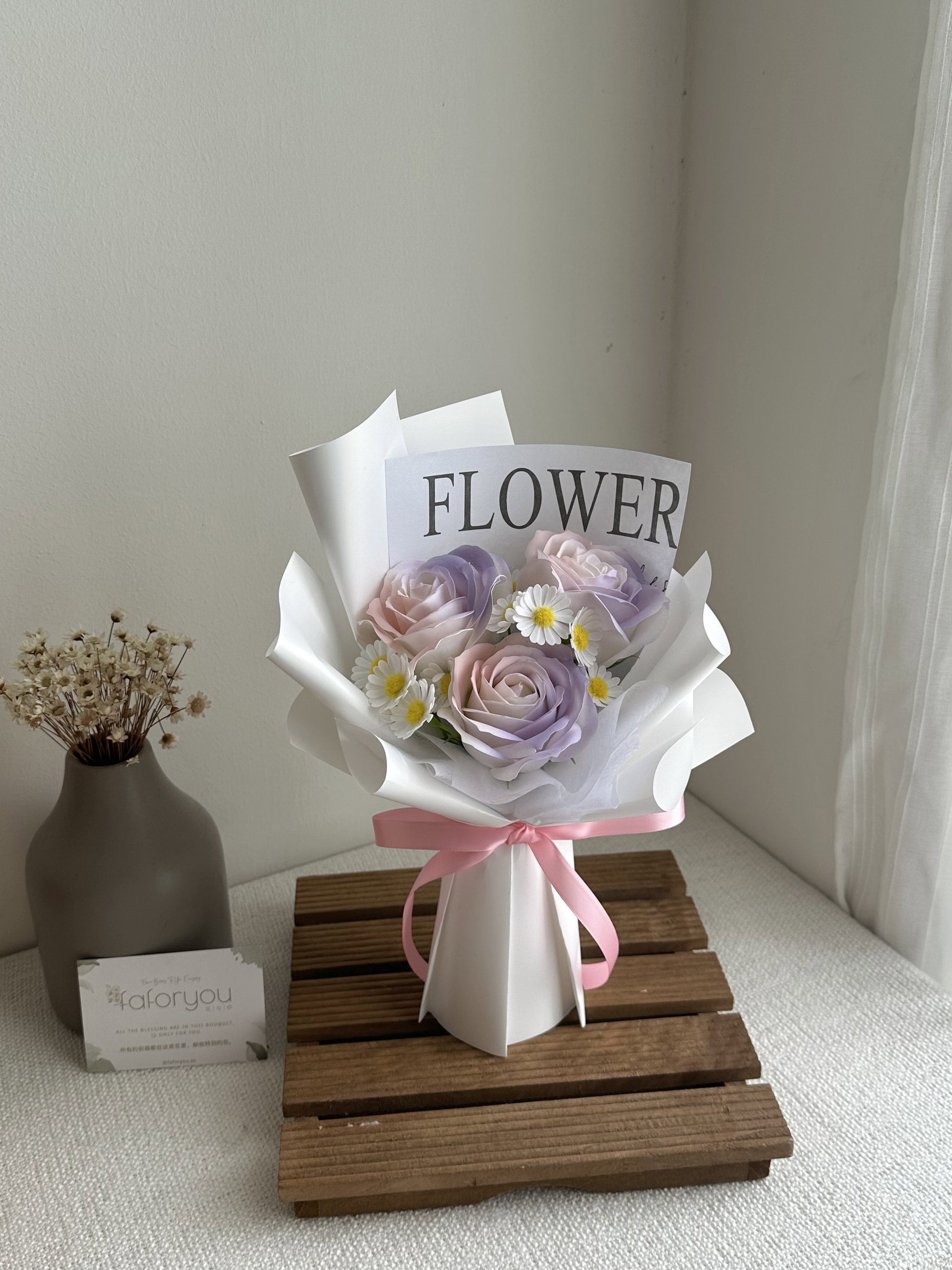 (3R008) 3 Stalk Soap Rose Daisy Bouquet _0