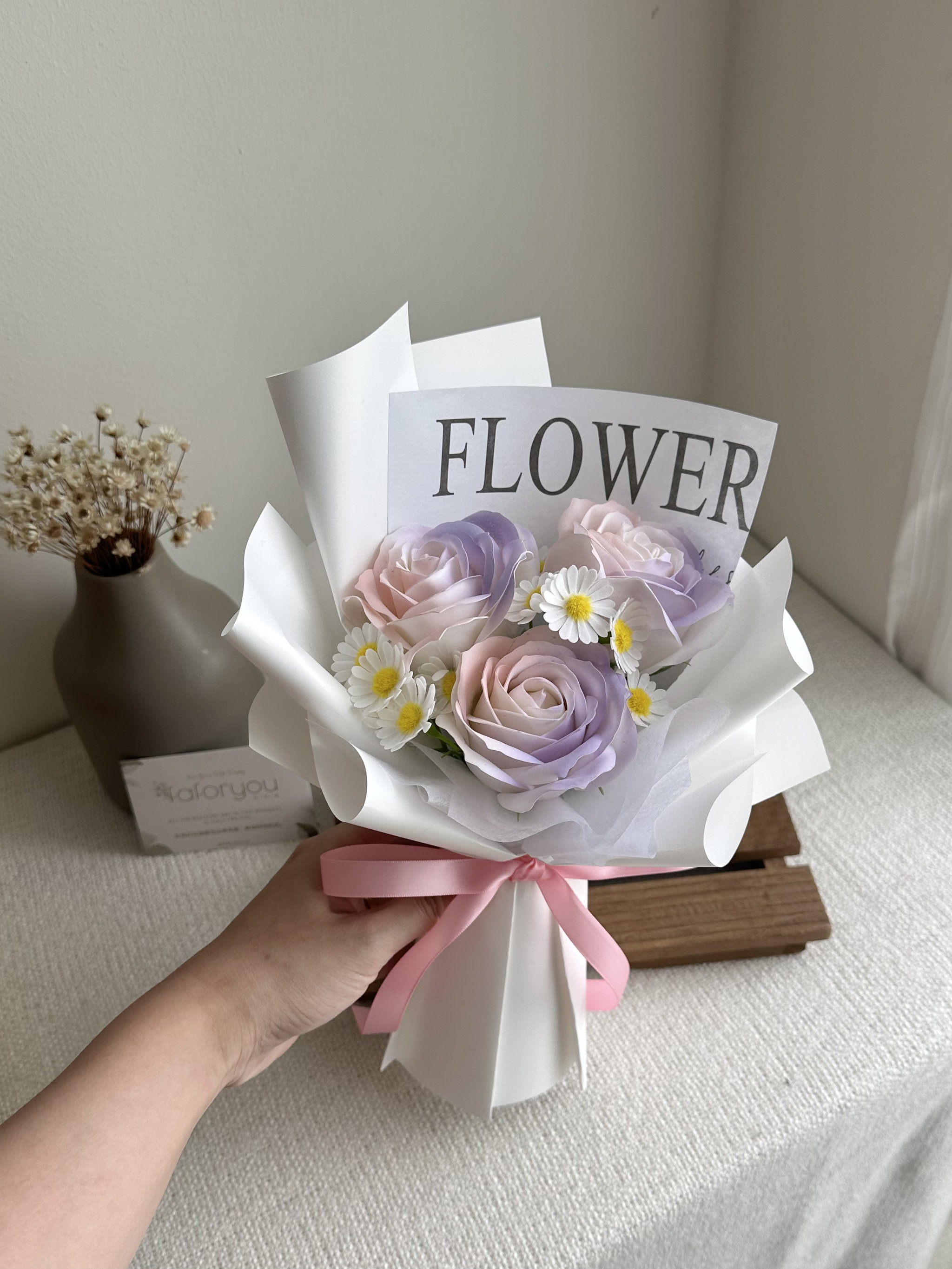 (3R008) 3 Stalk Soap Rose Daisy Bouquet _1