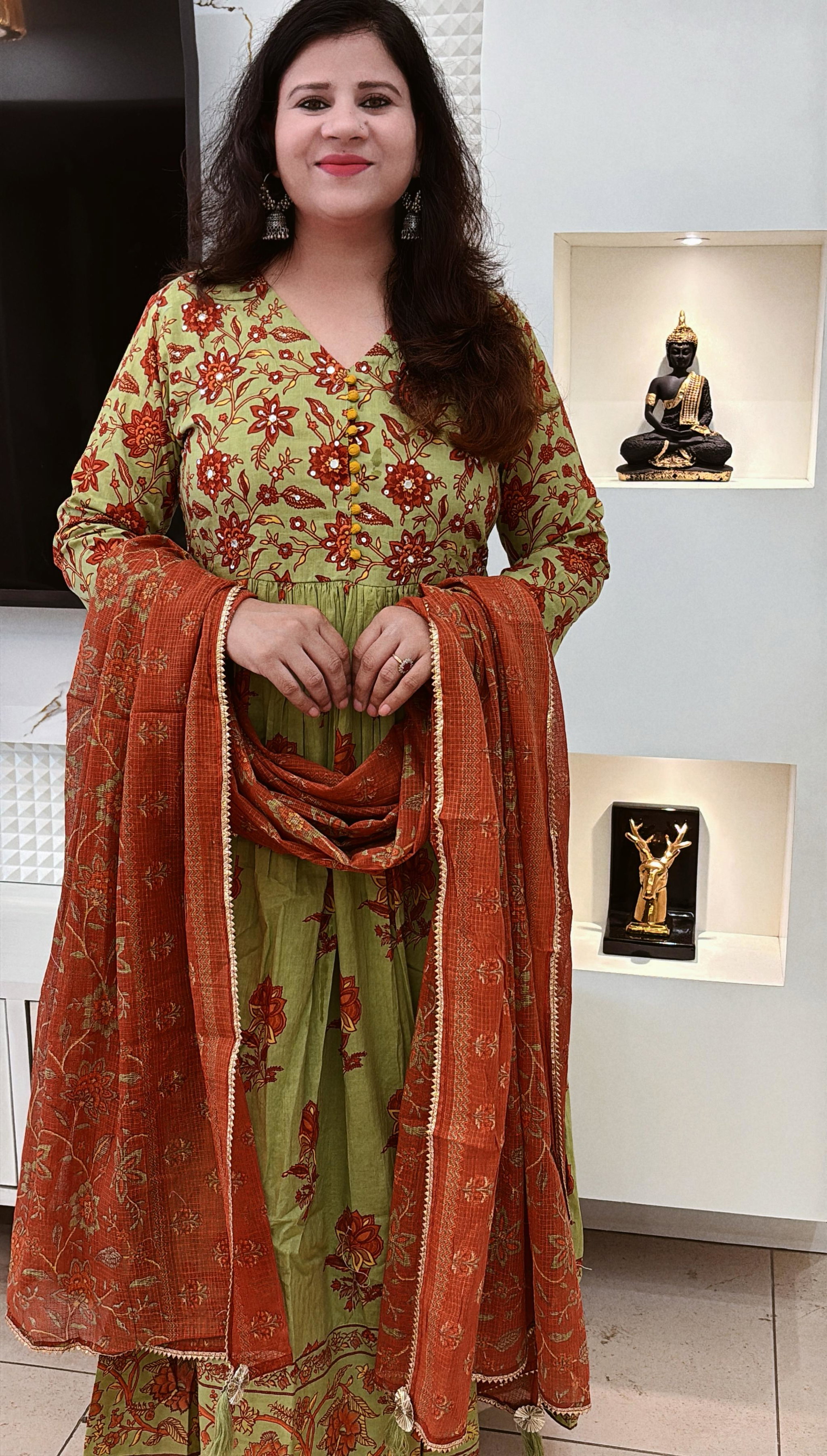 Mal-Cotton Hand Block Anarkali with Kota DORIYA Dupatta , Green Color  D.No. 575_0