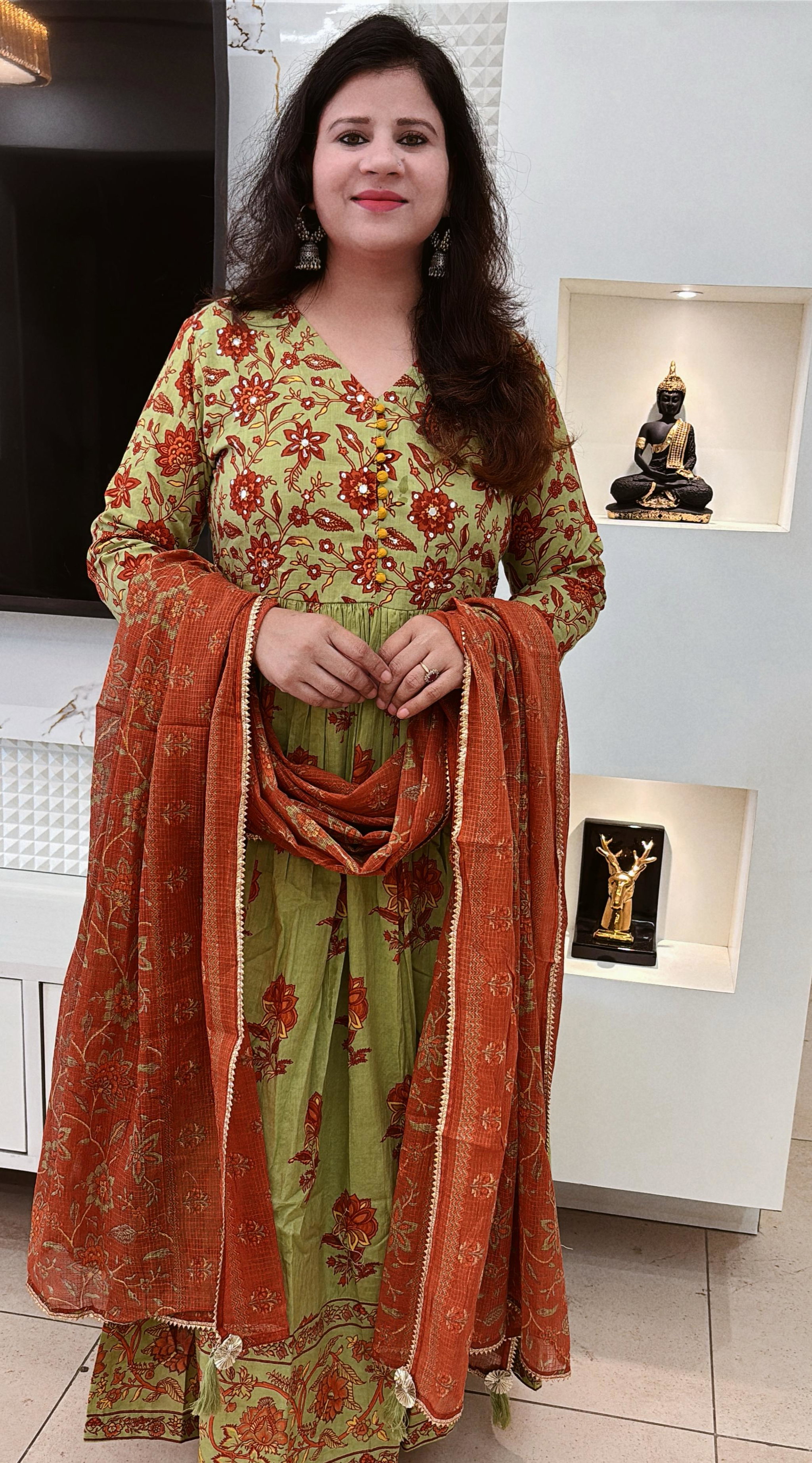 Mal-Cotton Hand Block Anarkali with Kota DORIYA Dupatta , Green Color  D.No. 575_1