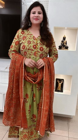Mal-Cotton Hand Block Anarkali with Kota DORIYA Dupatta , Green Color  D.No. 575