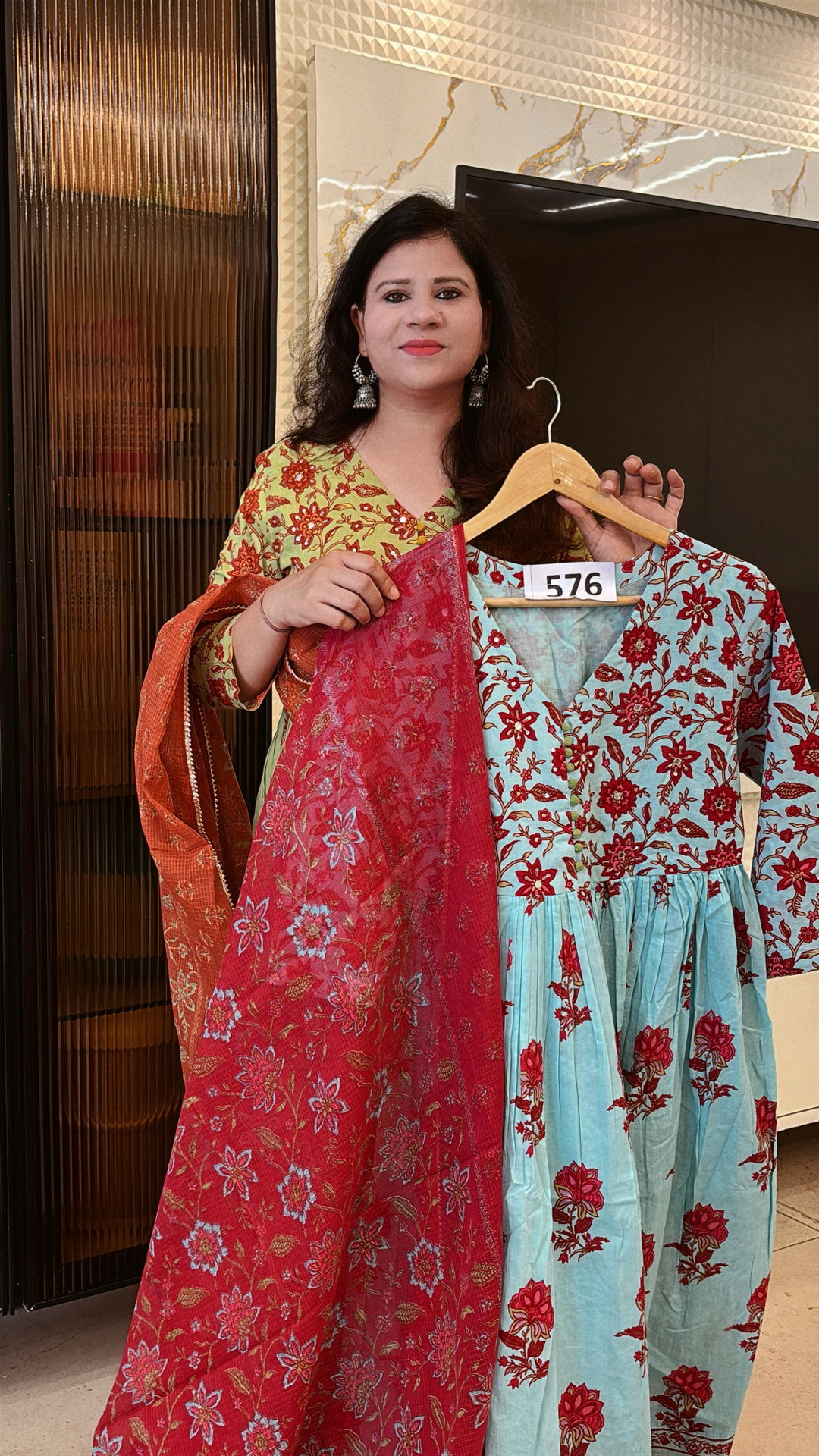 Mal-Cotton Hand Block Anarkali with Kota DORIYA Dupatta , Firozi Color  D.No. 576