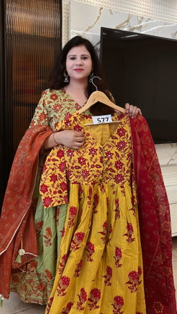 Mal-Cotton Hand Block Anarkali with Kota DORIYA Dupatta , Yellow Color  D.No. 577