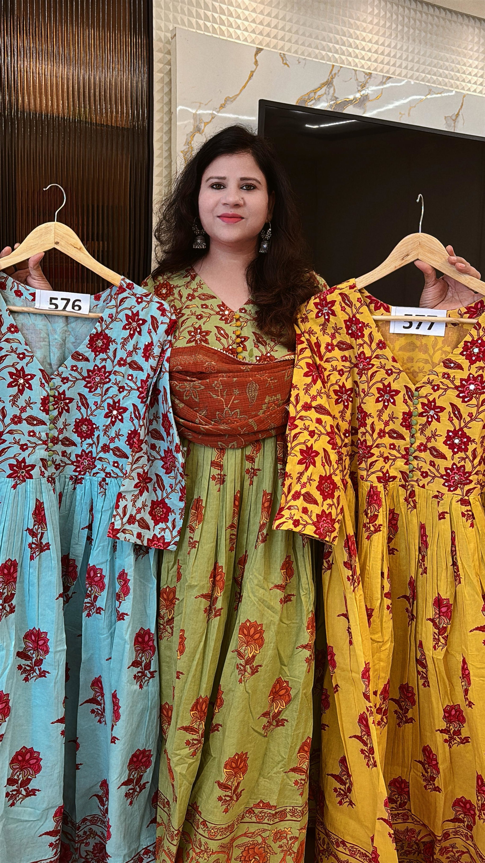 Mal-Cotton Hand Block Anarkali with Kota DORIYA Dupatta , Yellow Color  D.No. 577_2