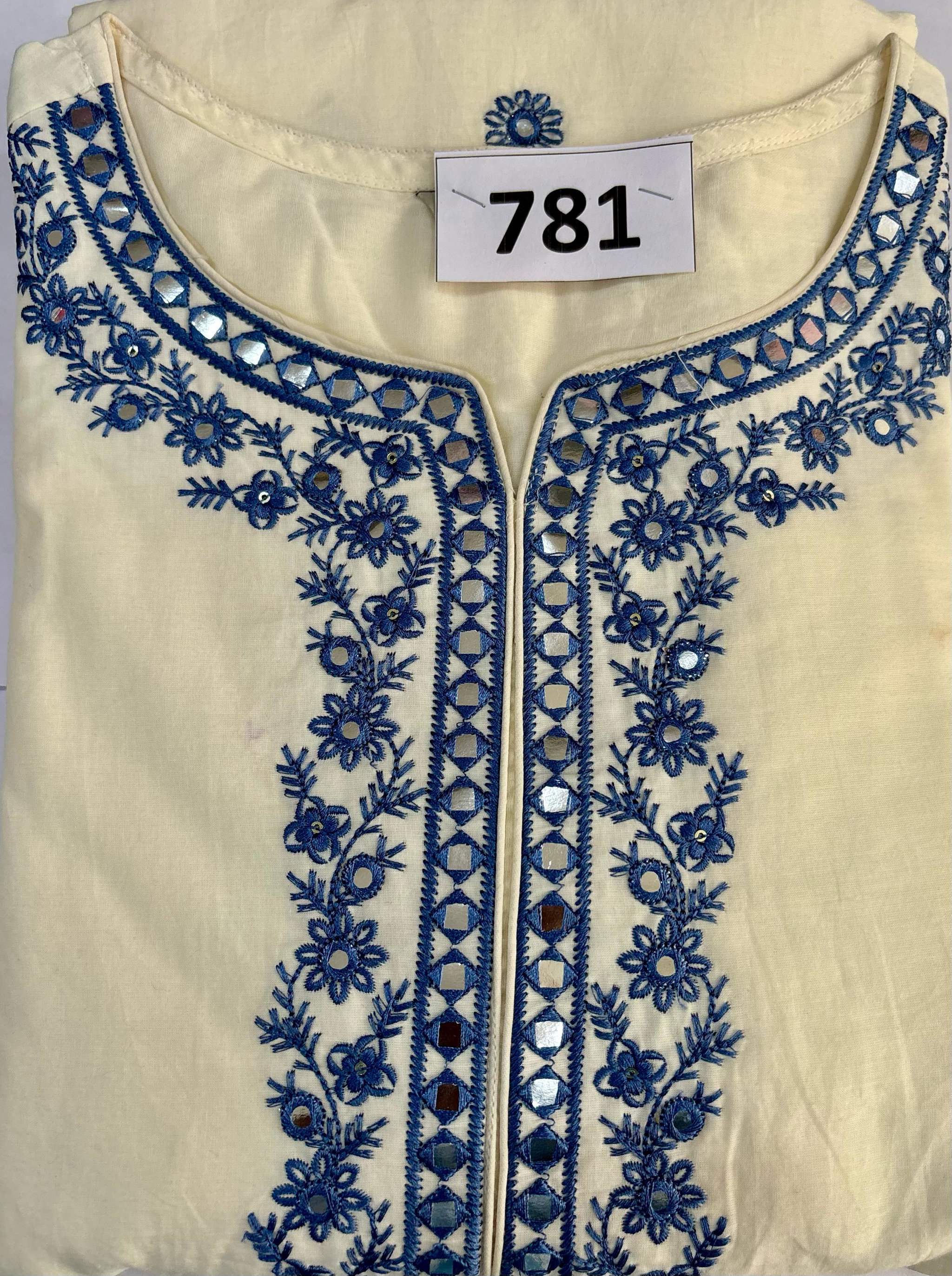 Cream Colour Blue Embroidered 3 pcs suit with Mul-cotton dupatta D.No.781_0