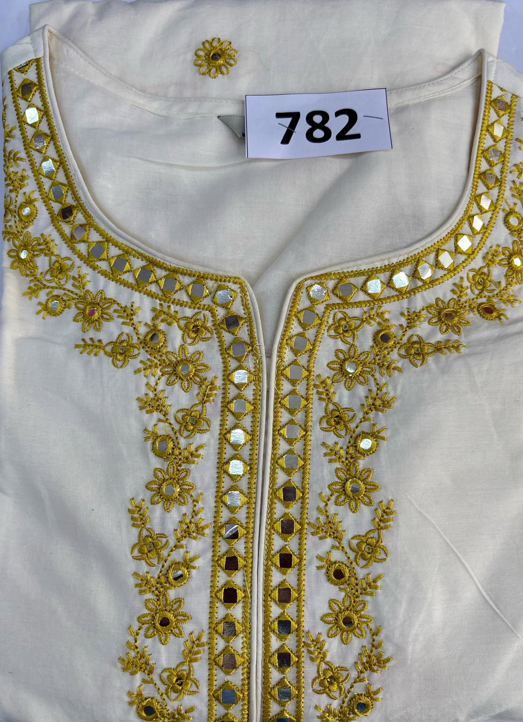 Cream Colour Green  Embroidered 3 pcs suit with Mul-cotton dupatta D.No.782