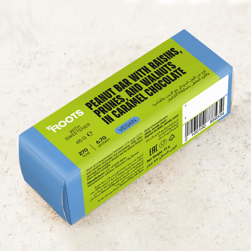 Roots Peanut Bar with Raisins, Prunes & Walnuts Covered In Chocolate 45g_0