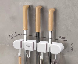 Multi functional adhesive buckle mop hook punching suction cup wall hanging rack bathroom mop storage rack kitchen use