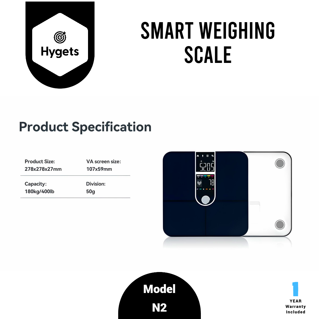 Hygets N2 Smart Body Composition Weighing Scale (4-Electrode) – Dual Screen + Heart Metrics_10