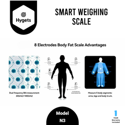 Hygets N3 Smart Body Composition Weighing Scale (8-Electrode Full-Body) – Handle Screen + Printable Report