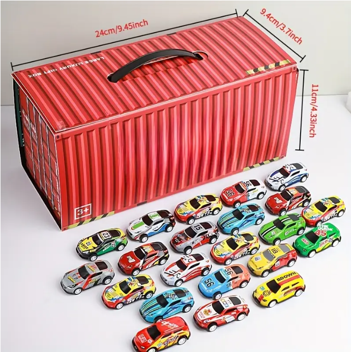 24 pcs retro-style tin pull-back toy cars, Packaged in a container gift box._0