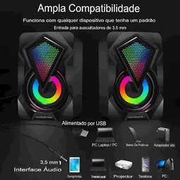Coluna Gamer X2 RGB para PC, Notebook, Smartphone (cabo P2)