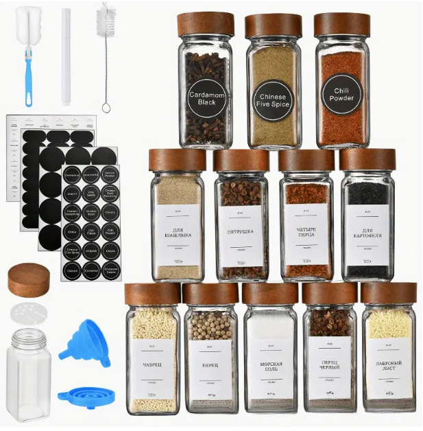 12pcs Square Glass Spice Jars Set with Bamboo Lids (4oz)_0