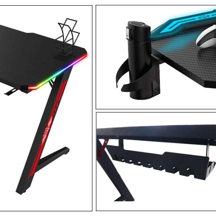 Mesa de jogos em forma de Z Estação de trabalho para jogos em casa Mesa de PC com gancho para fone de ouvido Mesa de jogo_1