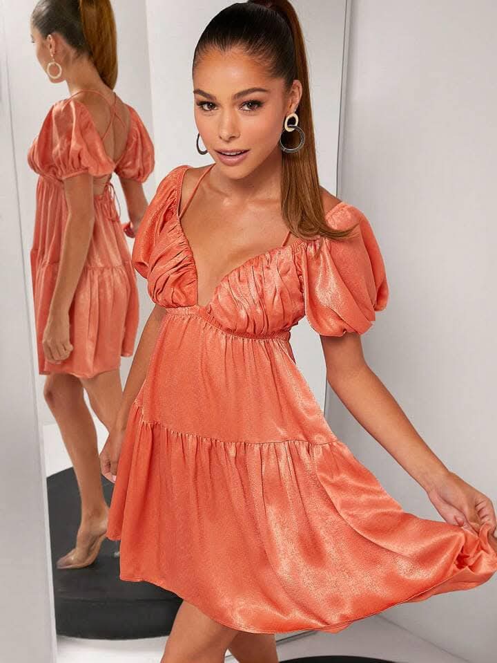 Backless Ruffle Hem Orange Dress_2